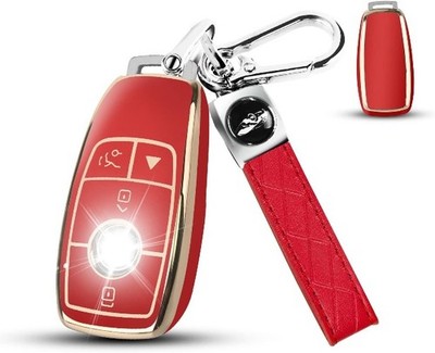 Key fob Cover, TPU Car Key Case Protector with leather Keychain Com Color: Red