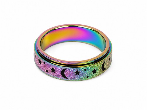 Unisex Titanium Stainless Steel Finger Spinner Ring in  rainbow moon and star de