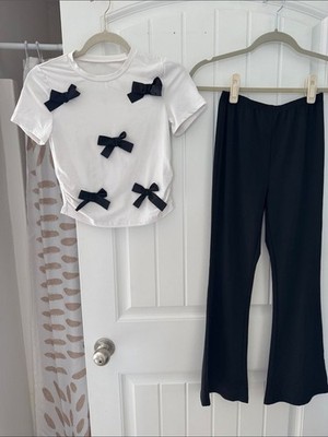 SHEIN White Top with Black Bow Accents & Black Pants Kids Matching Set