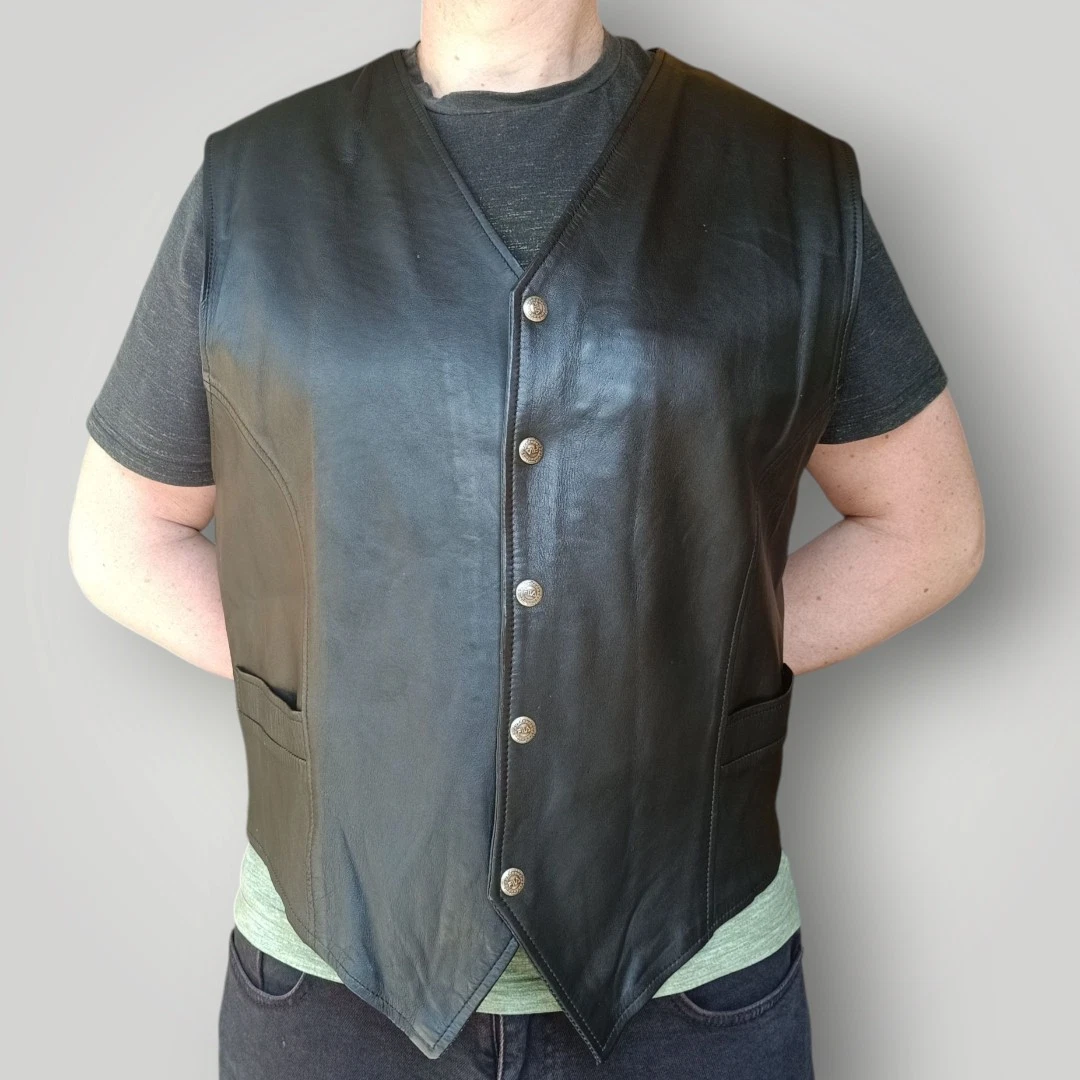 Black motorcycle leather vest men Oversized vintage 90s waistcoat ALDEC Cuir XXL