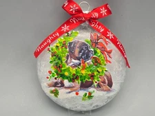 Christmas snow globe style ornament - dog Boxer - fawn laying naughty wreath