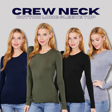 Crew Round Neck Long Sleeve T-Shirt Soft Stretch Cotton Basic Plain Top Slim Fit