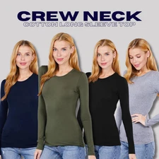 Crew Round Neck Long Sleeve T-Shirt Soft Stretch Cotton Basic Plain Top Slim Fit