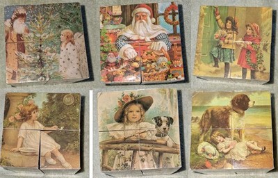 2 Vintage Victorian Style Christmas Picture Folding Cube Puzzles Girl Santa Dog
