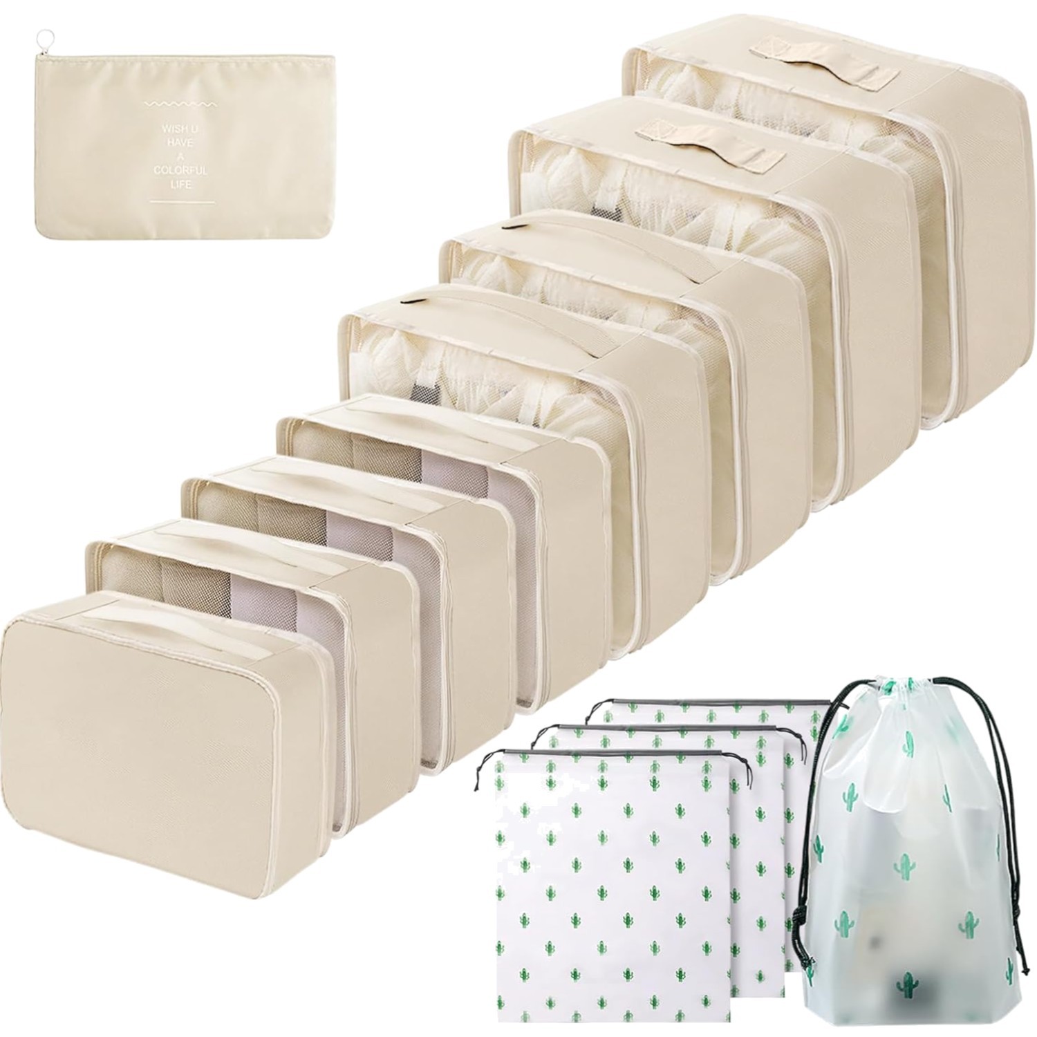Rangement voyage beige et fonctionnel grâce à cet ensemble de 13 cubes pour valise cabine