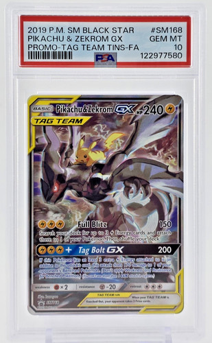 PSA 10 2019 PIKACHU & ZEKROM GX SUN & MOON BLACK STAR PROMO TAG TEAM TINS SM168