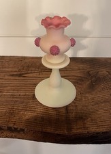 Thomas Webb-Burmese Uranium Art Glass Candlestick-Applied Raspberries-C. 1890's