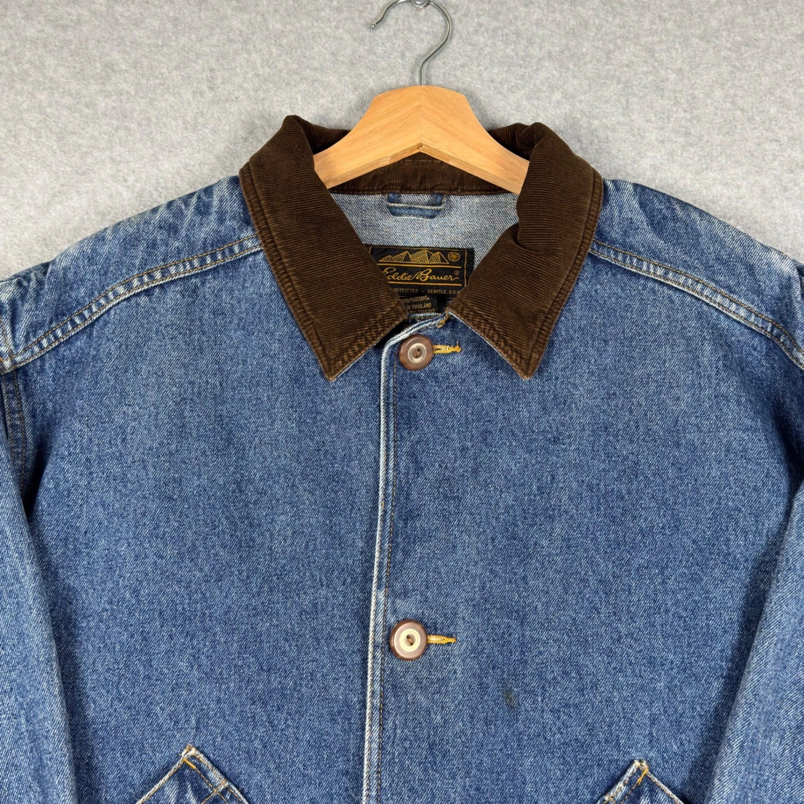 Vintage 90s Eddie Bauer Denim Jacket Mens L Chore Barn Coat Corduroy Collar - product detail image 10
