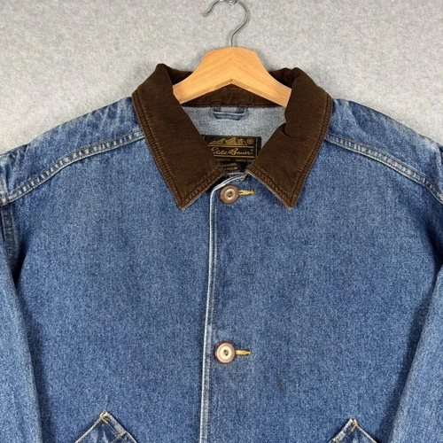 Vintage 90s Eddie Bauer Denim Jacket Mens L Chore Barn Coat Corduroy Collar image 10