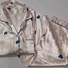 Pink Silk Polka Dot Pajama Set with Heart Pattern Sz One size