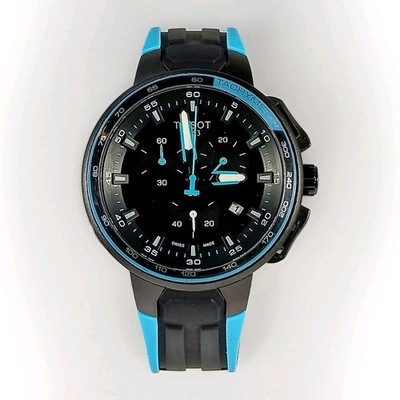 Tissot Men's T-Sport Quickster Chrono Black Dial LtBlue Accent Rubber Strap. NOS