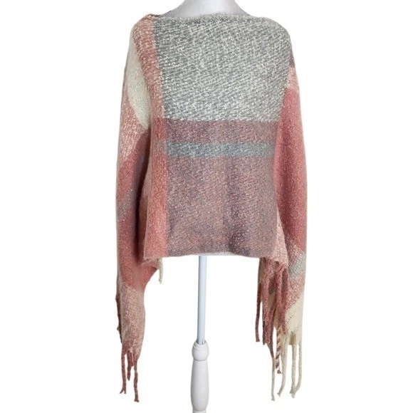 Styline Gray and Pink Plaid Boho Poncho One Size NWT