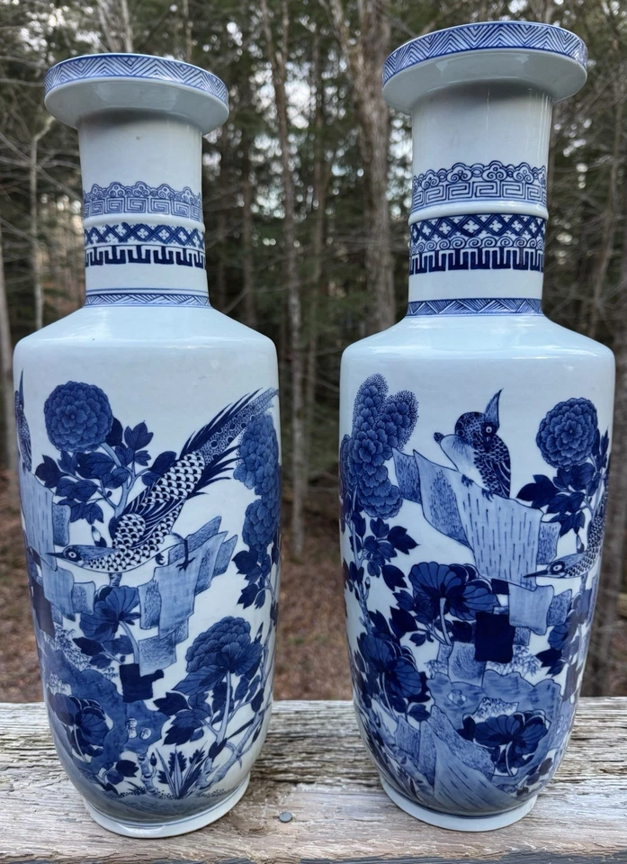 Pair of Vintage Chinese Blue & White Porcelain Vases Kangxi Marked 20th C. 19.5” - Image 2 of 4