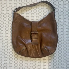 Michael Kors Hutton Distressed Leather Buckle And Studs Shoulder Hobo Bag Brown