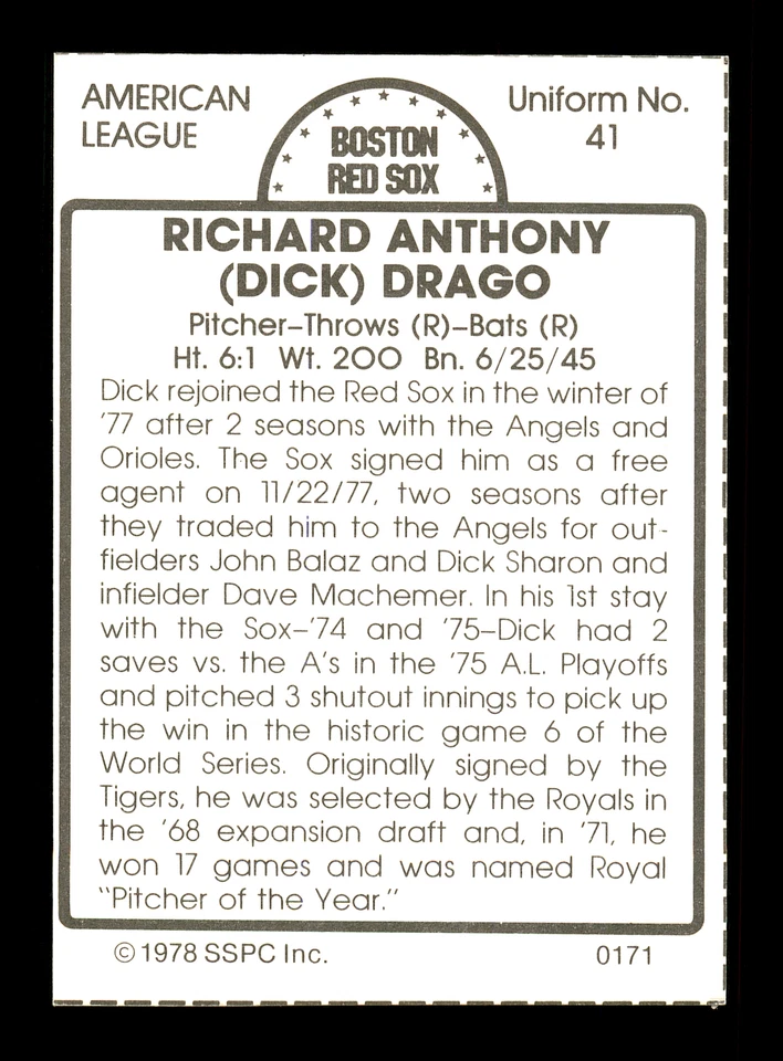 Dick Drago Autographed Auto Signed 1978 SSPC Card #171 Boston Red Sox 172334 - Image 2 of 2