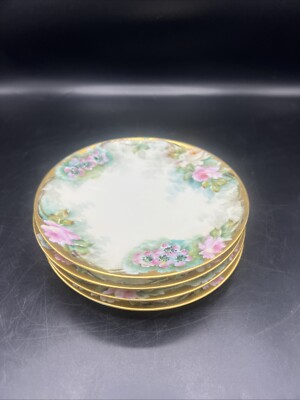 Antique J&C Jaeger Bavaria Set of 4 Plates 6  Pink Flowers Artist Signed