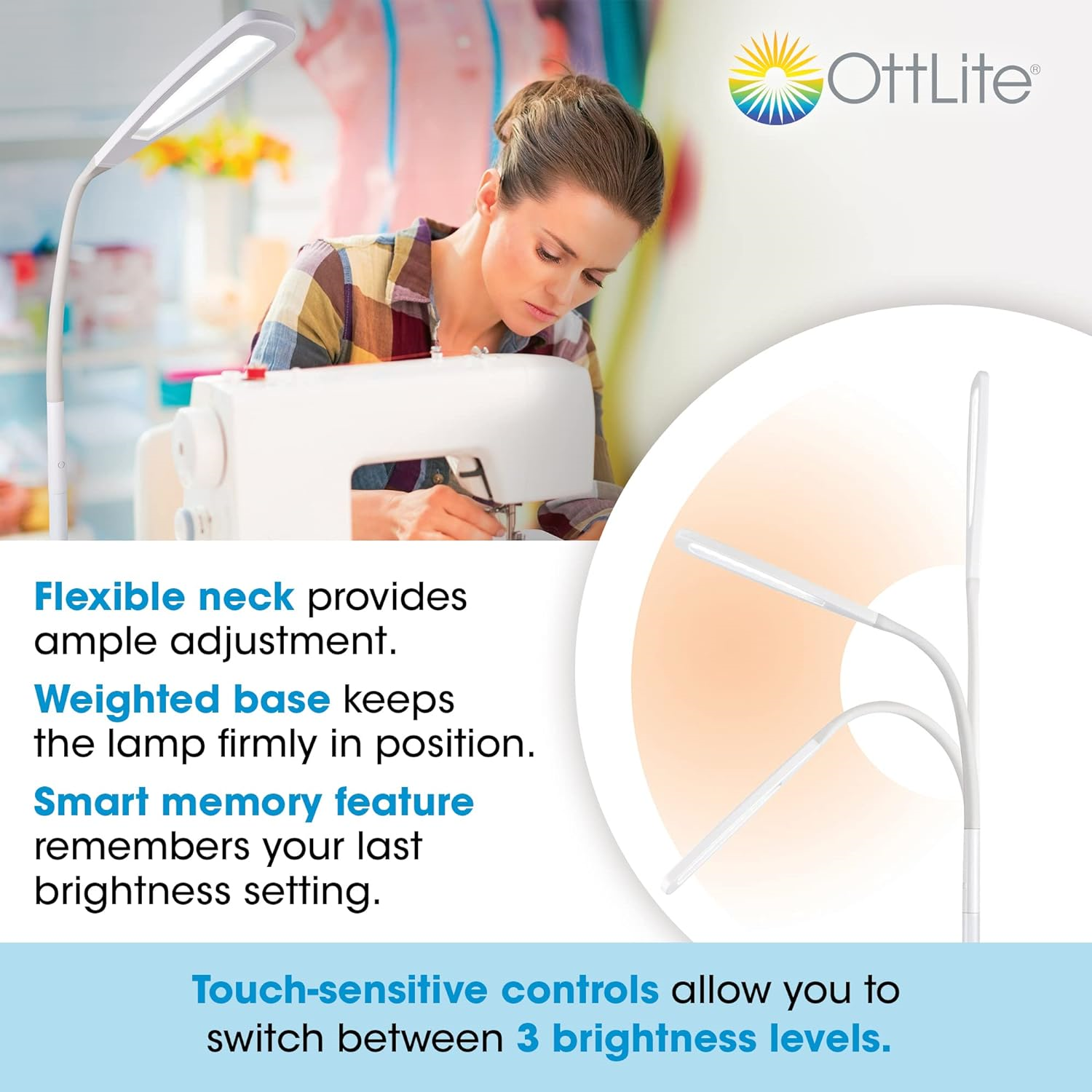 OttLite LED Standing Floor Lamp with Adjustable Flex Neck Dimmable