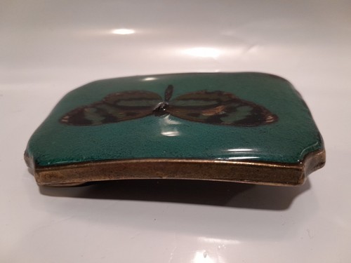 Vintage Messing emailliert Gürtelschnalle mit Schmetterling türkis grün - Bild 5 von 8
