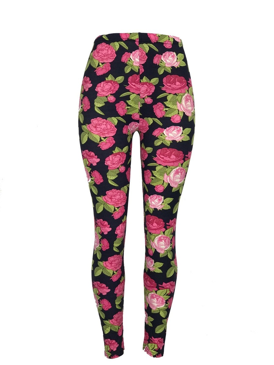 Pink Red Roses Navy Blue Bckgrnd OS Legging Buttery Soft Stunning Pattern