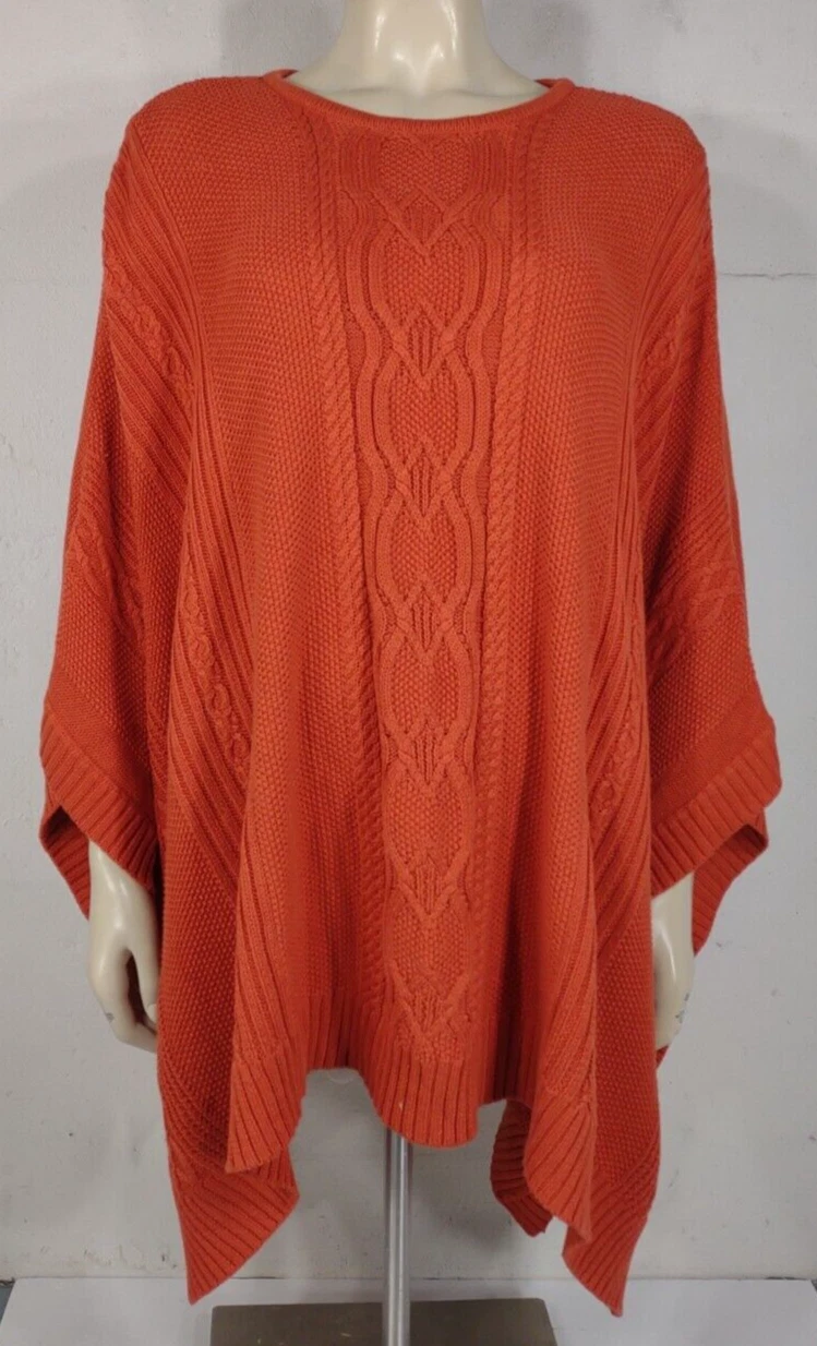 White + Warren orange Cotton Blend cable knit poncho sweater Medium / Large