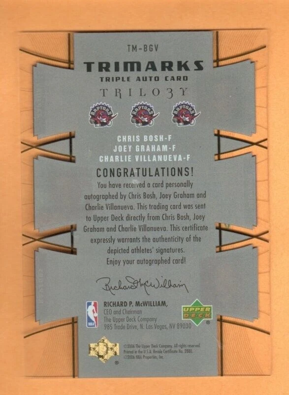 2006 Upper Deck Trilogy Trimarks Bosh, Graham & Villanueva Triple Auto, 18/40! - Image 2 of 2