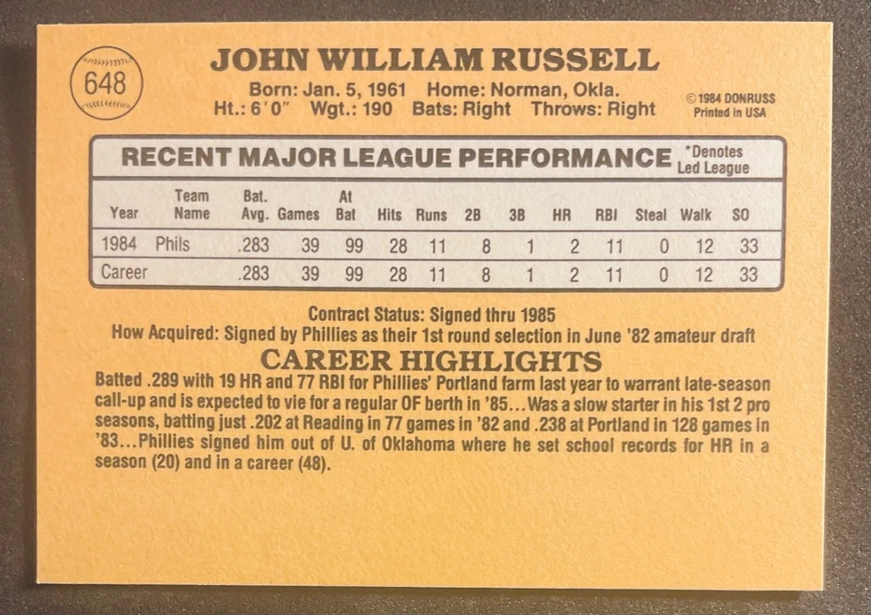 Philadelphia Philles JOHN RUSSELL signed autographed 1985 DONRUSS ROOKIE auto RC - Image 4 of 4