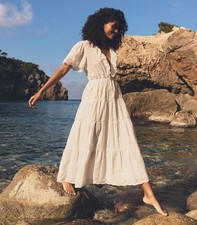DÔEN $498 Gabriella Lace Cotton Midi-Dress, Salt, Size Small, 100% Cotton