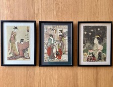 Drei japanische Ukiyo-e Holzschnitte, gerahmt, fertig zum Aufhängen, einzigartige Wandbilder