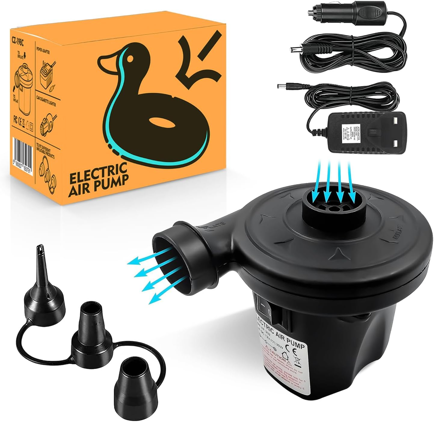 Electric Air Pump with 3 Nozzles/Inflate or Deflate Swimming Ring, Airbeds, Padd