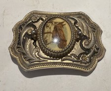 Horse Double Portrait Cowgirl Cowboy Western Vintage Belt Buckle 3.5"
