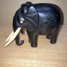 Small Black Hardwood African Elephant With Bone Tusks And Eyes