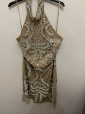 NUDE BEADED HALTER DRESS PEACE & LOVE 14 MESH GLAM SUMMER SLEEVELESS SUMMER CLUB