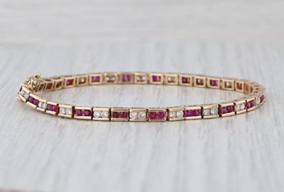 Lab Created Sapphire & Diamond 14K Yellow Gold Plated Women's Tennis Bracelet