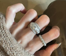 Vintage Silver Brushed Starry Sky Ring Luxury Chunky Stackable Finger Ring