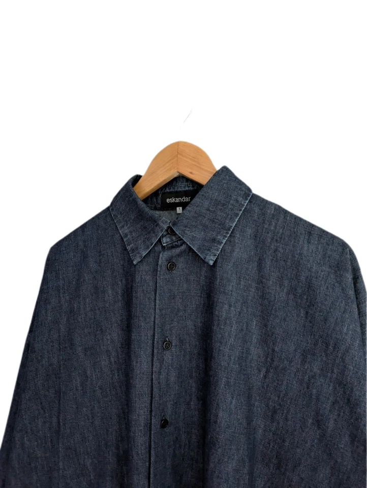 Eskandar Shirt Denim Jacket SIZE 1 / SIZE UK 14-16 Lagenlook Navy Blue Button Up - Image 2 of 4