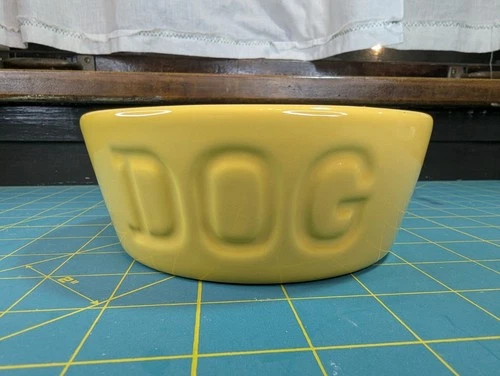 Vintage Bauer Pottery Dog Bowl Embossed Heavy Thick Yellow 8” Diameter Pet