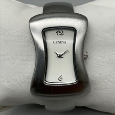 Geneva Womens Watch 28mm White Dial Silver Tone Cuff Bangle New Battery