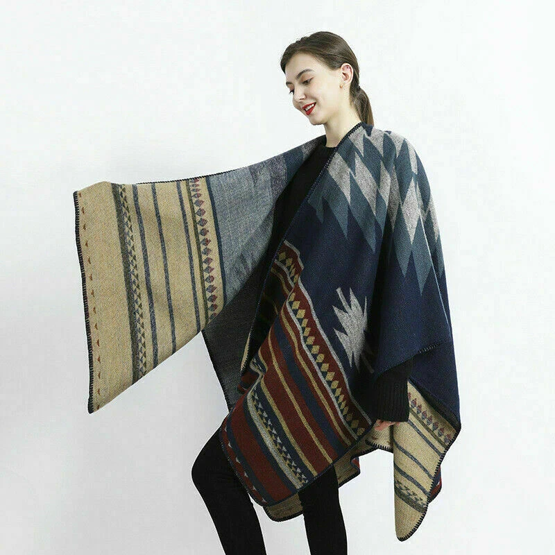 Abacus Damen Poncho Cape Schal Mantel Boho Strickjacke Ethnisch Rot Blau Grau L - Bild 2 von 4