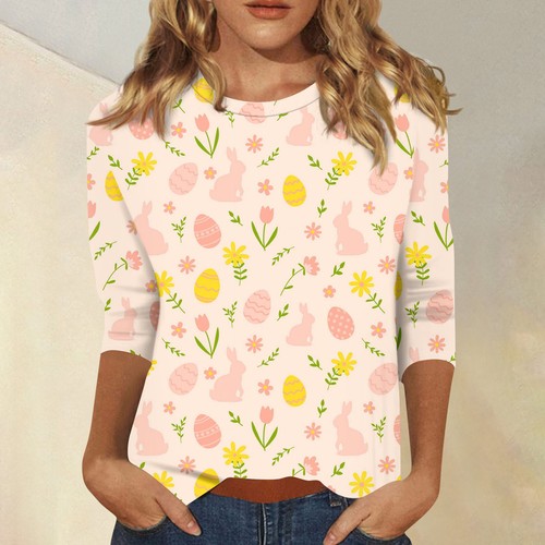 Women's Fashion Casual Seven Sleeve Easter Bunny Egg Print Round Neck Top - Picture 13 of 30