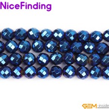 Round Faceted Blue Metallic Coated Hematite Beads Jewelry Making Magnetic 15''