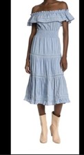 Dress Forum XS Blue Cotton Embroidered Off The Shoulder Tiered Ruffle Midi Dress