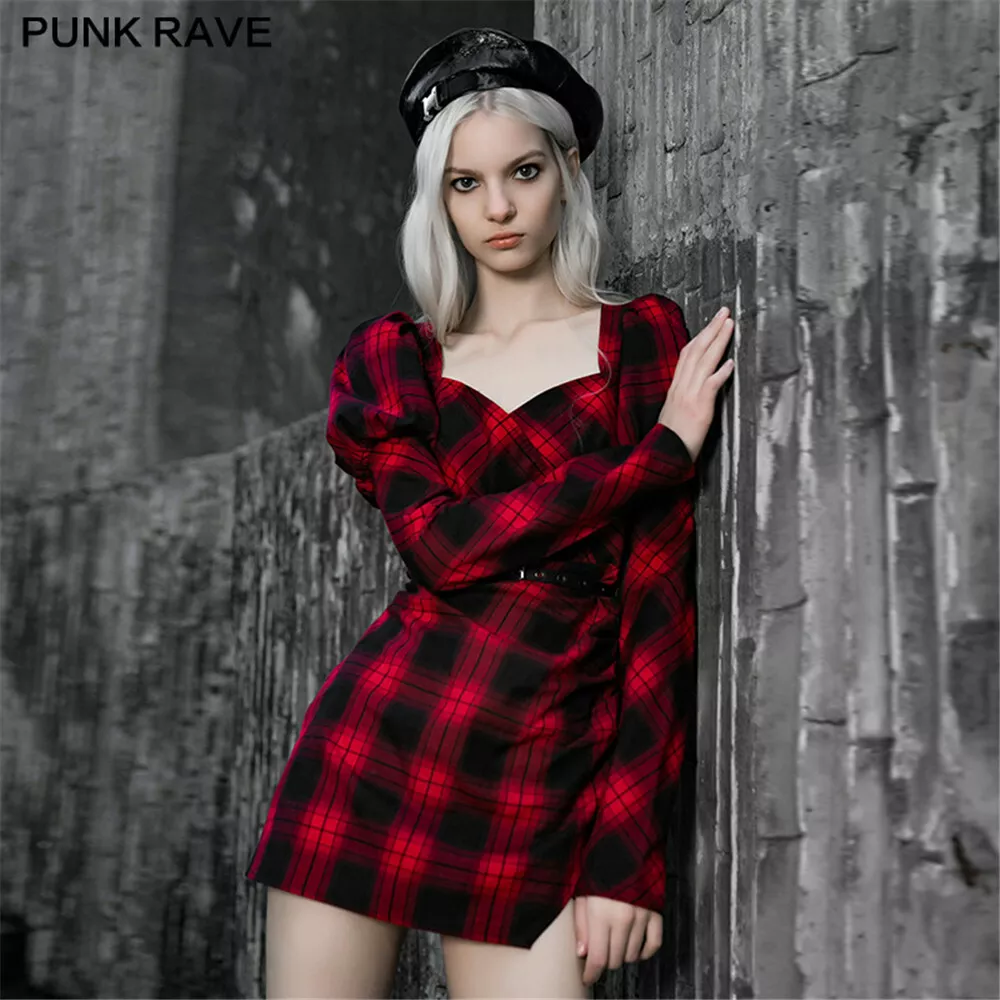 Punk Rave Women's Red and Black Plaid with Princess Sleeves Dresses Casual Dress
