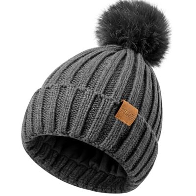 Women\'s Winter Warm Gray Beanie Fleece Lined Skull Faux Fur Pom Cuff Hat Cap Amazon.com: Women main image 4