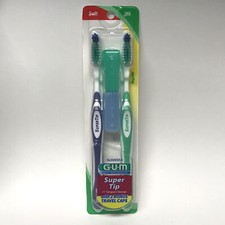 PACK of 2X GUM Sunstar SUPER TIP Toothbrush AND 2 TRAVEL CAPS, 460 Soft Bristles