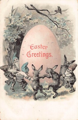 Elves or Gnomes Dancing with Anthropomorphic Rabbits Around Huge Egg-1908 Easter