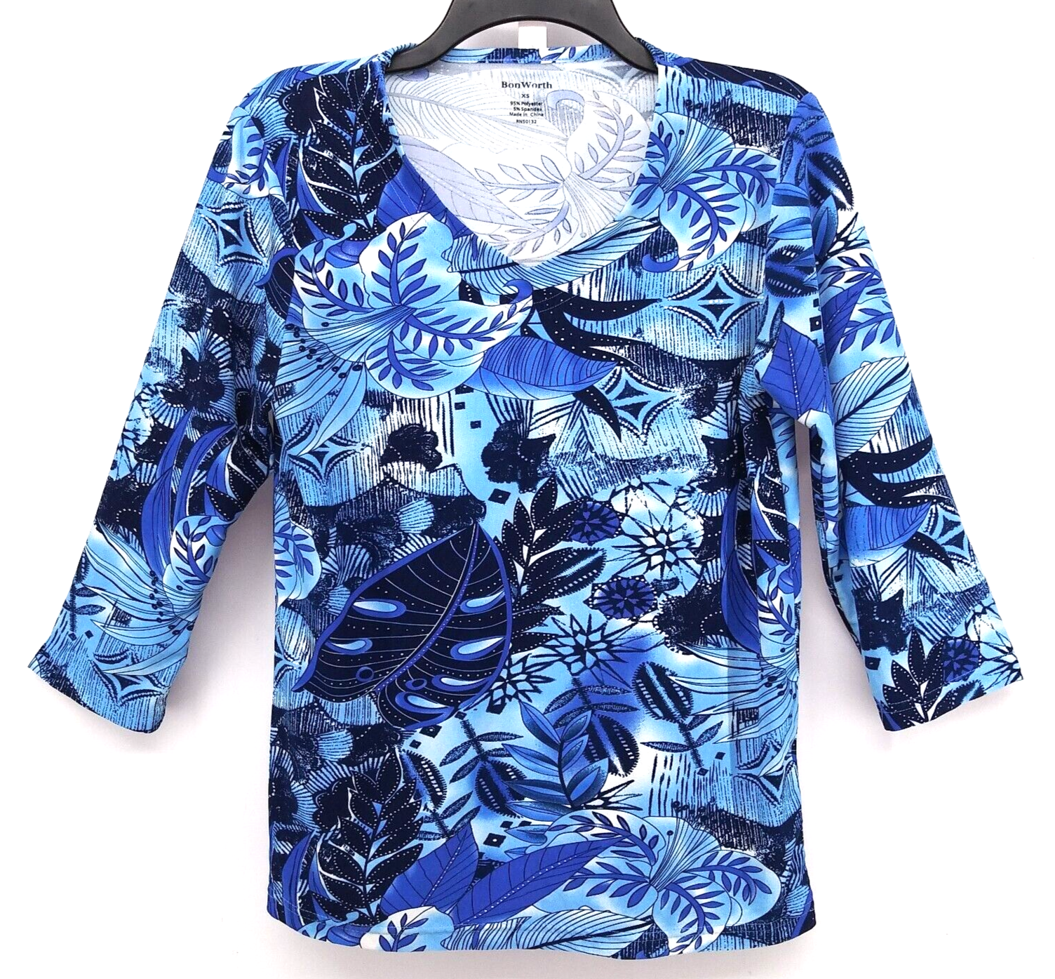 Bon Worth Shirt Womens XS Blue Floral 3/4 Sleeve Blouse