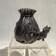 1920's TWO CATS ON MONEY BAG SILVERED LEAD GERMAN STILL BANK, A CHARMING BANK!