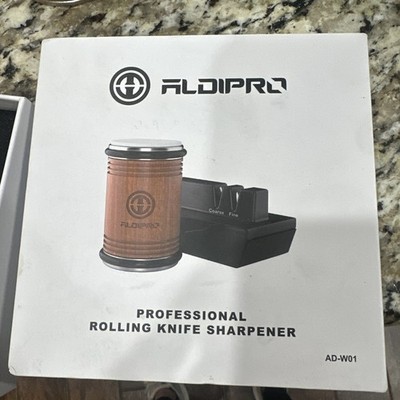 ALDIPRO Professional Rolling Knife Sharpener kit in a wood-finished aesthetic.