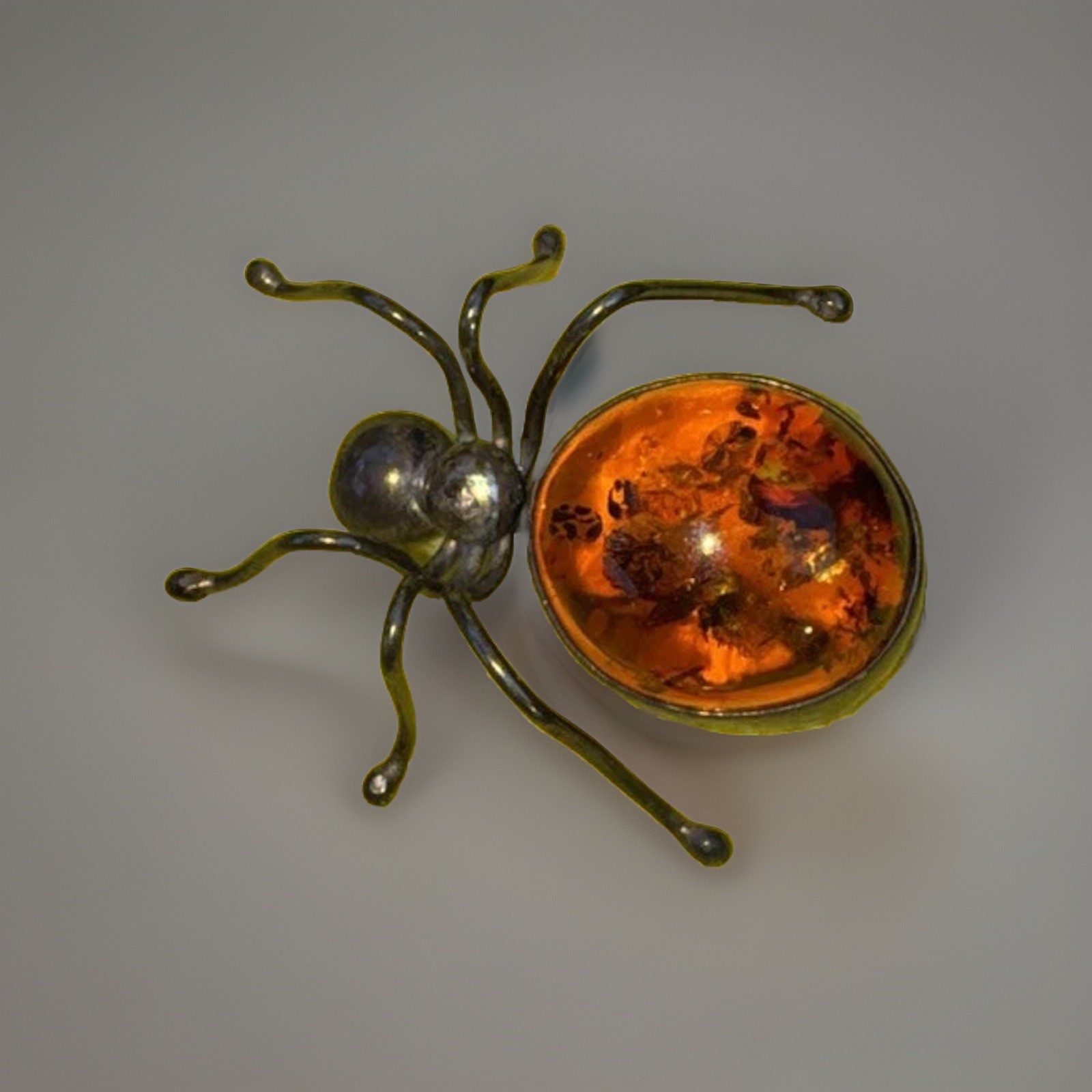 Vintage Solid 925 Sterling Silver Baltic Amber Spider Shaped Brooch/ Pin!