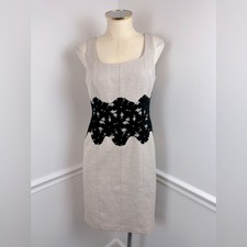 ANN TAYLOR Beige Sleeveless Sheath Dress Black Lace Waist | Size 4
